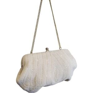 Vintage Walborg Hand Beaded Cream Seed Bead Kiss Lock Clutch Evening Bag Japan